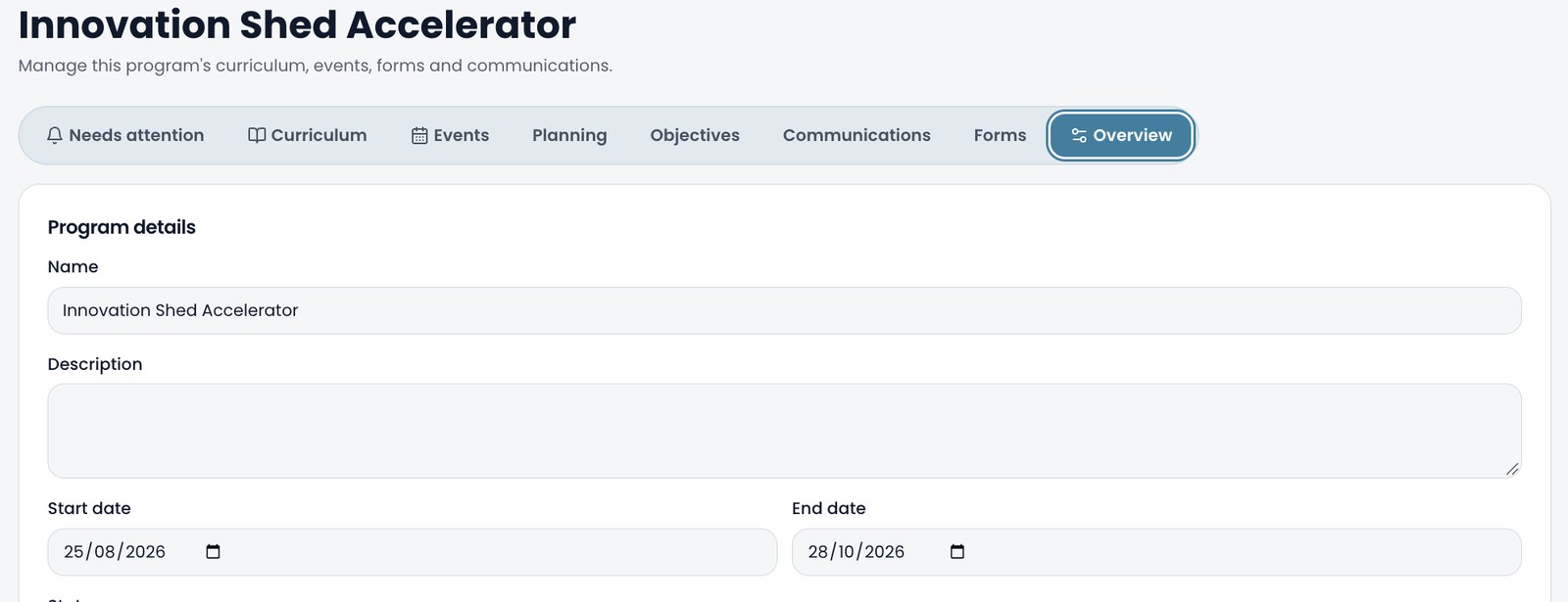 A program in the Workbench with curriculum, events, planning and objectives
