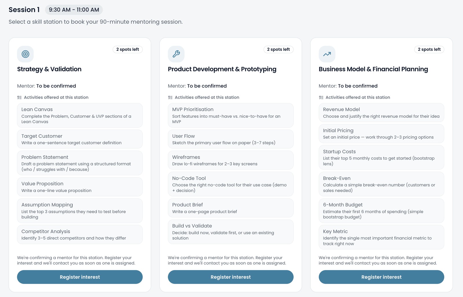 Booking a session: choosing a skill station and its activities