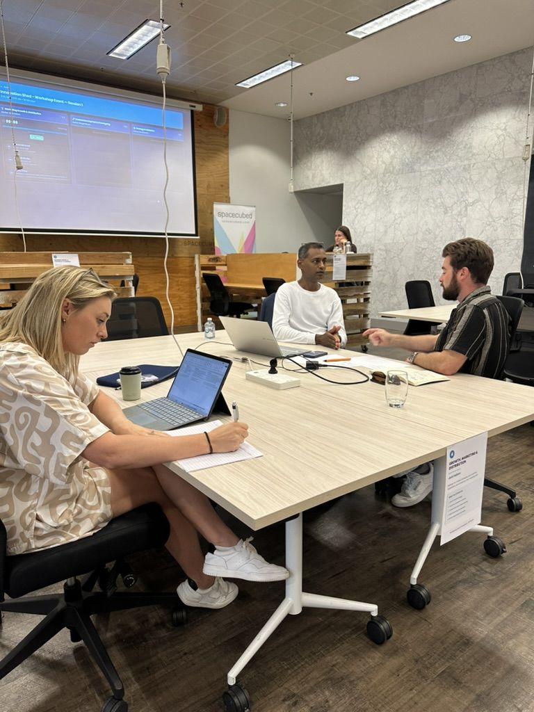 A small group working at the Marketing, Growth and Distribution station