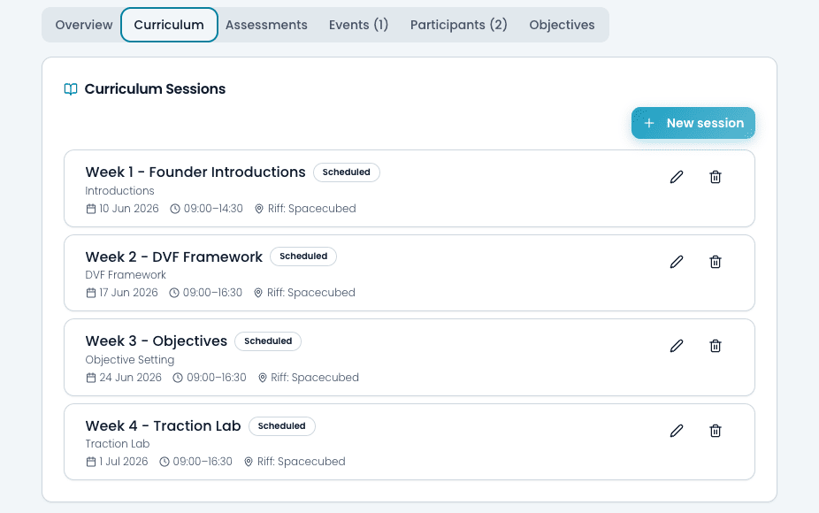 Program curriculum managed in the workbench